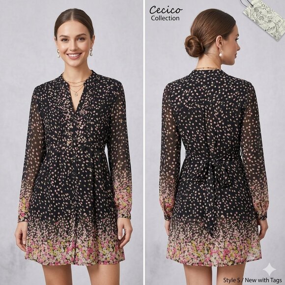 Cecico Dresses & Skirts - NWT Cecico Black Chiffon Floral Mini Dress Pink Rose Border Print Boho Size S